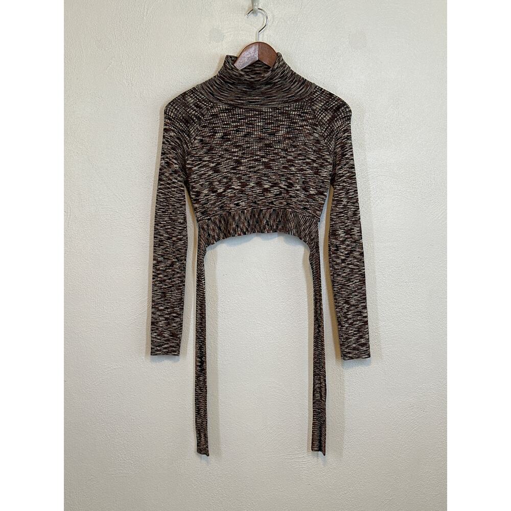 ACOA Crop Turtleneck Sweater M Black Brown Back Tie Ribbed Ultra Soft Streetwear